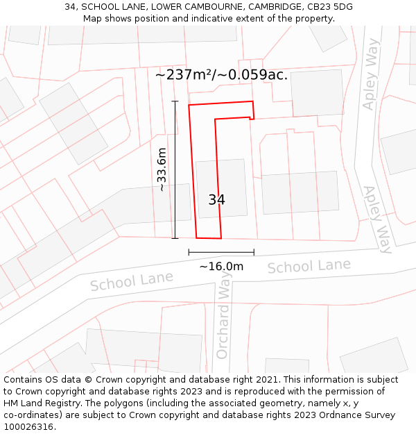 34, SCHOOL LANE, LOWER CAMBOURNE, CAMBRIDGE, CB23 5DG: Plot and title map