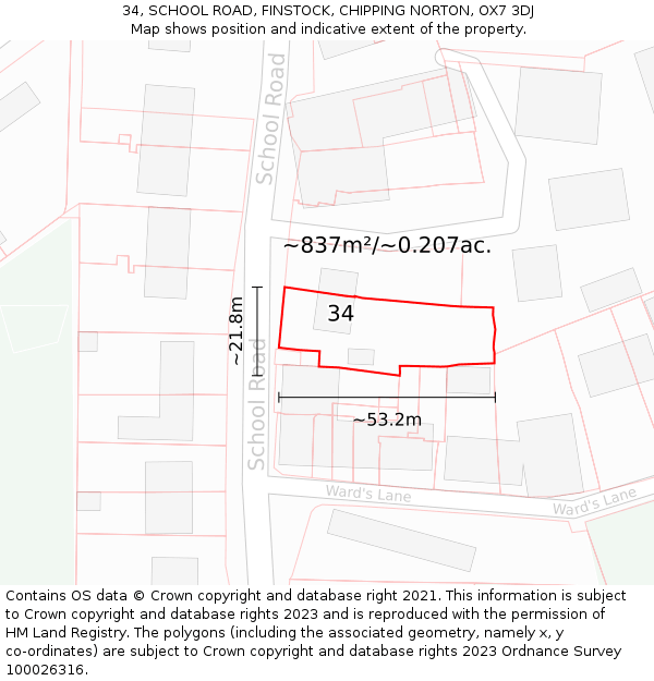 34, SCHOOL ROAD, FINSTOCK, CHIPPING NORTON, OX7 3DJ: Plot and title map