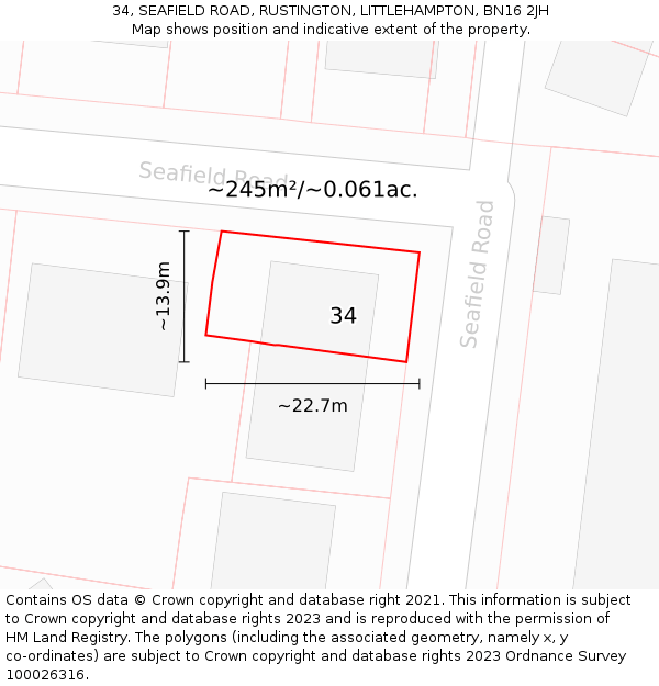 34, SEAFIELD ROAD, RUSTINGTON, LITTLEHAMPTON, BN16 2JH: Plot and title map