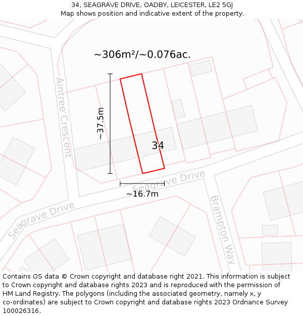 34, SEAGRAVE DRIVE, OADBY, LEICESTER, LE2 5GJ: Plot and title map