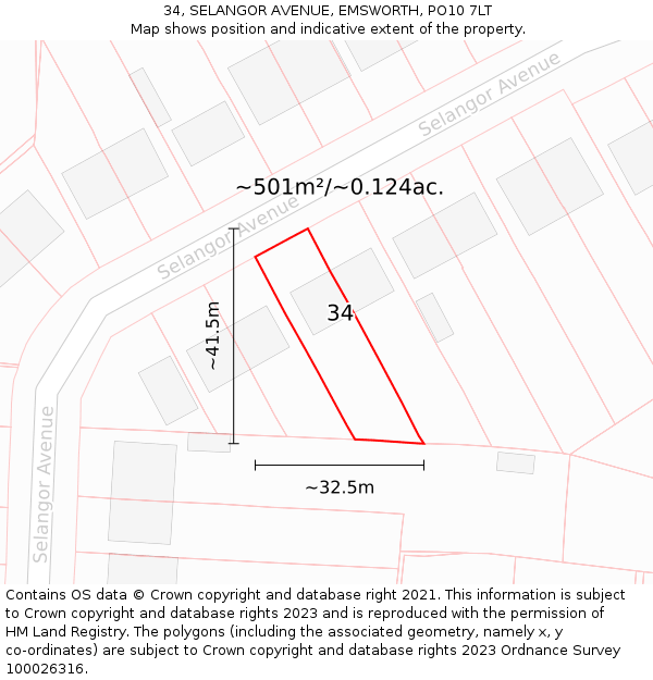 34, SELANGOR AVENUE, EMSWORTH, PO10 7LT: Plot and title map