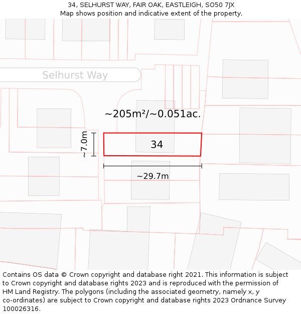 34, SELHURST WAY, FAIR OAK, EASTLEIGH, SO50 7JX: Plot and title map