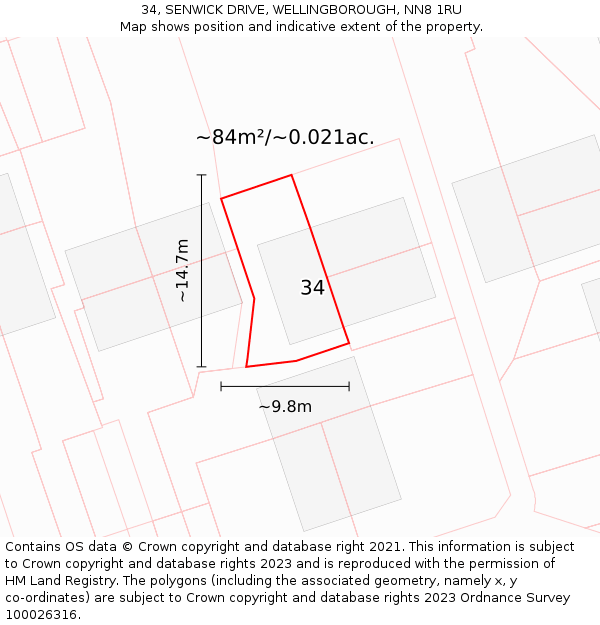 34, SENWICK DRIVE, WELLINGBOROUGH, NN8 1RU: Plot and title map