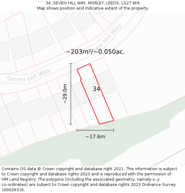 34, SEVEN HILL WAY, MORLEY, LEEDS, LS27 8FA: Plot and title map