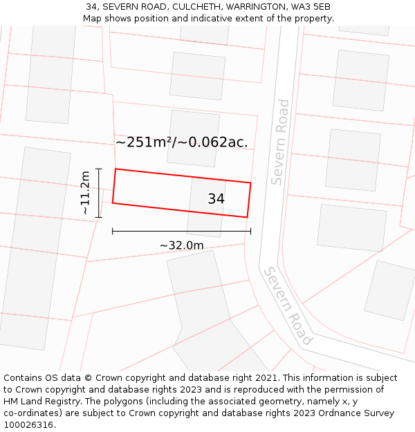 34, SEVERN ROAD, CULCHETH, WARRINGTON, WA3 5EB: Plot and title map