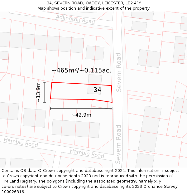 34, SEVERN ROAD, OADBY, LEICESTER, LE2 4FY: Plot and title map