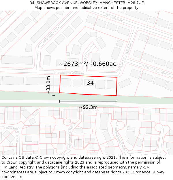 34, SHAWBROOK AVENUE, WORSLEY, MANCHESTER, M28 7UE: Plot and title map