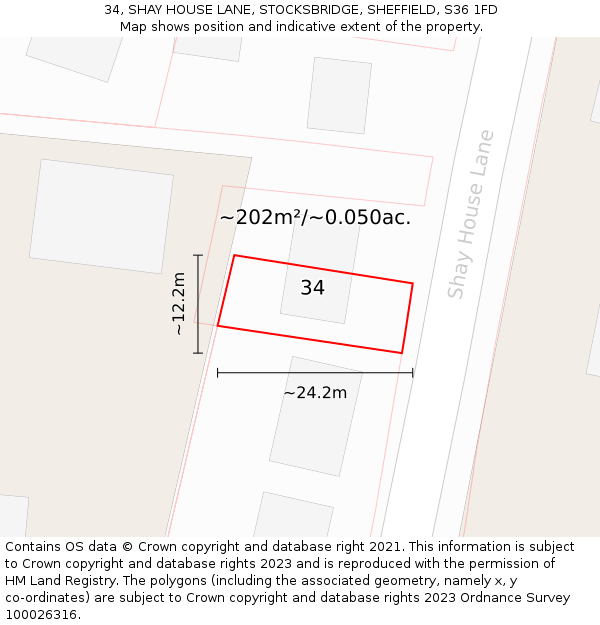 34, SHAY HOUSE LANE, STOCKSBRIDGE, SHEFFIELD, S36 1FD: Plot and title map