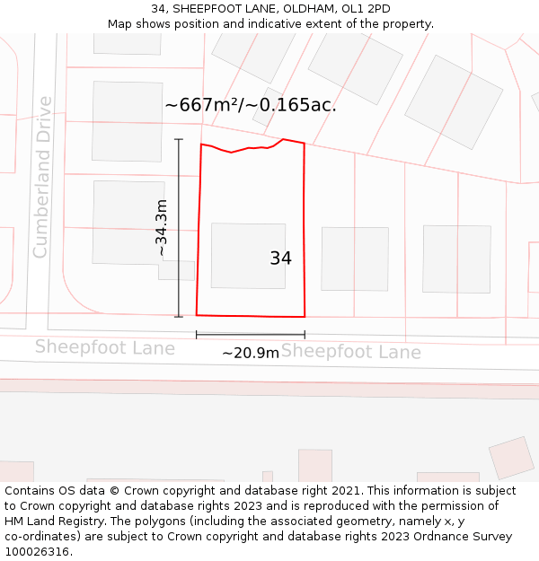 34, SHEEPFOOT LANE, OLDHAM, OL1 2PD: Plot and title map