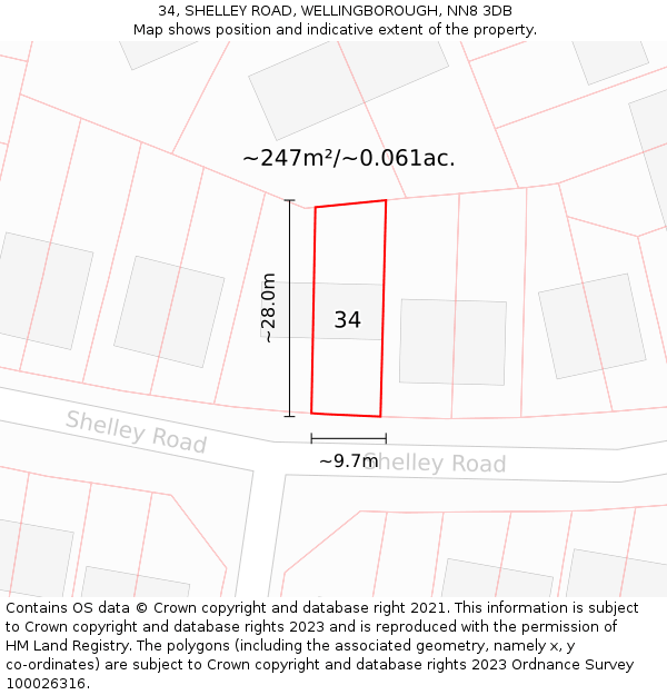 34, SHELLEY ROAD, WELLINGBOROUGH, NN8 3DB: Plot and title map