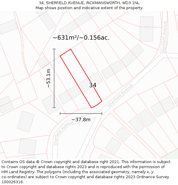 34, SHERFIELD AVENUE, RICKMANSWORTH, WD3 1NL: Plot and title map