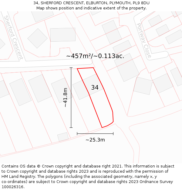 34, SHERFORD CRESCENT, ELBURTON, PLYMOUTH, PL9 8DU: Plot and title map