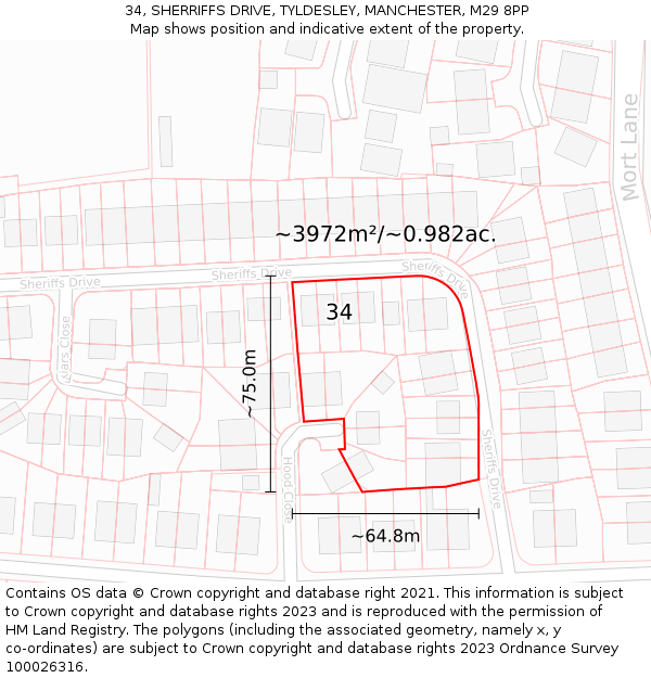34, SHERRIFFS DRIVE, TYLDESLEY, MANCHESTER, M29 8PP: Plot and title map