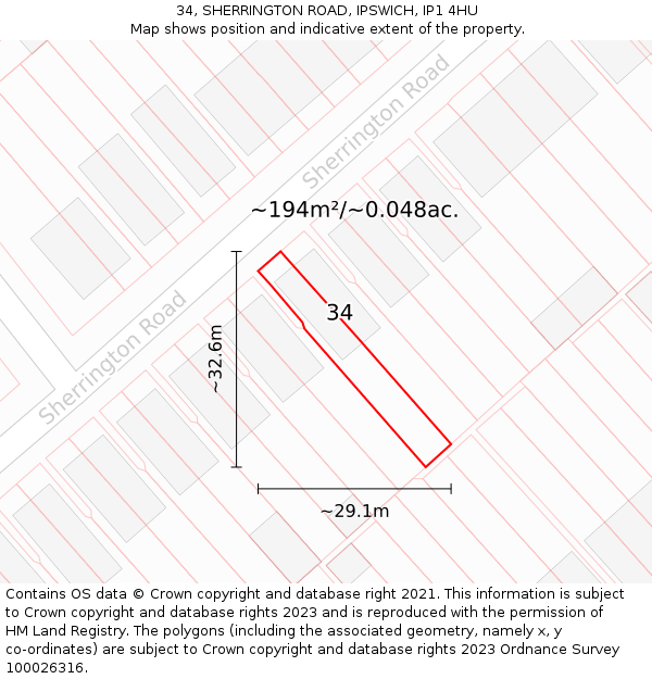 34, SHERRINGTON ROAD, IPSWICH, IP1 4HU: Plot and title map