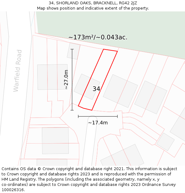 34, SHORLAND OAKS, BRACKNELL, RG42 2JZ: Plot and title map