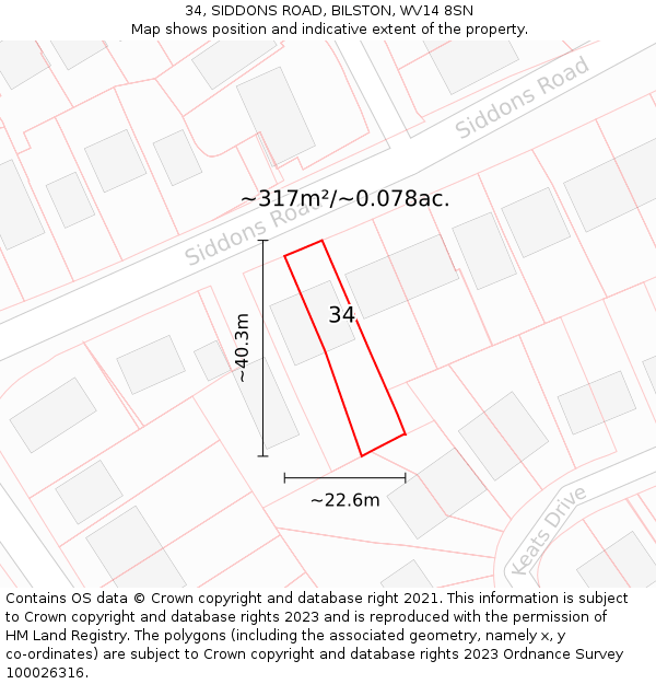 34, SIDDONS ROAD, BILSTON, WV14 8SN: Plot and title map