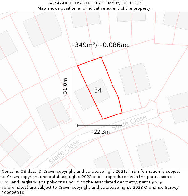 34, SLADE CLOSE, OTTERY ST MARY, EX11 1SZ: Plot and title map