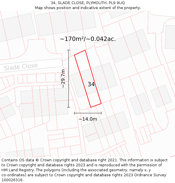 34, SLADE CLOSE, PLYMOUTH, PL9 9UQ: Plot and title map