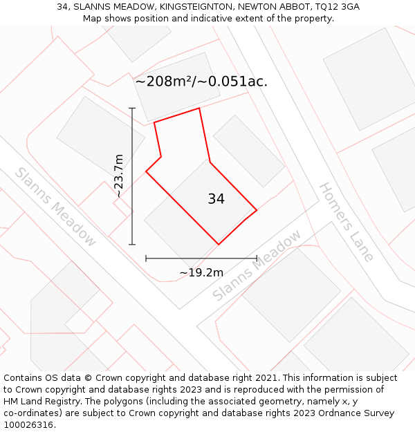 34, SLANNS MEADOW, KINGSTEIGNTON, NEWTON ABBOT, TQ12 3GA: Plot and title map