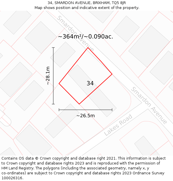 34, SMARDON AVENUE, BRIXHAM, TQ5 8JR: Plot and title map