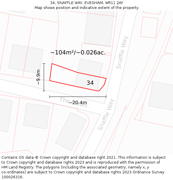 34, SNAFFLE WAY, EVESHAM, WR11 2AY: Plot and title map