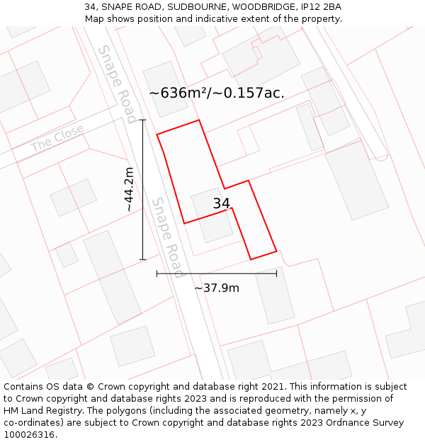 34, SNAPE ROAD, SUDBOURNE, WOODBRIDGE, IP12 2BA: Plot and title map