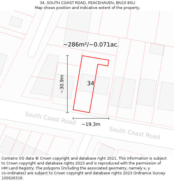 34, SOUTH COAST ROAD, PEACEHAVEN, BN10 8SU: Plot and title map