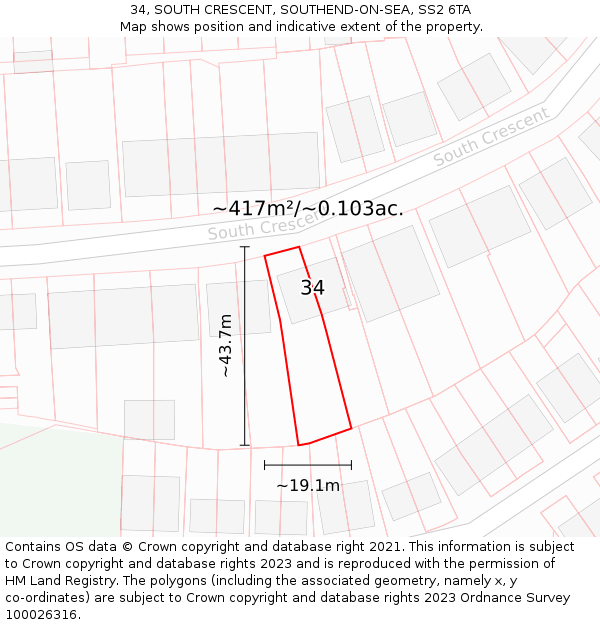 34, SOUTH CRESCENT, SOUTHEND-ON-SEA, SS2 6TA: Plot and title map