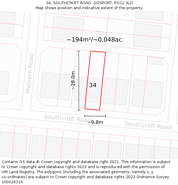 34, SOUTHCROFT ROAD, GOSPORT, PO12 3LD: Plot and title map