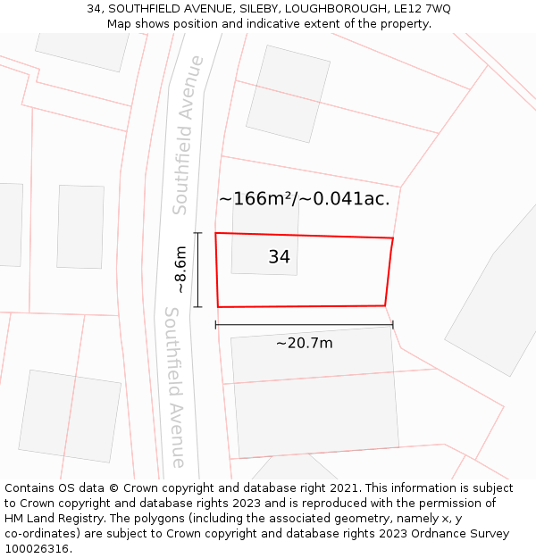 34, SOUTHFIELD AVENUE, SILEBY, LOUGHBOROUGH, LE12 7WQ: Plot and title map