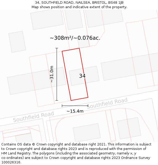 34, SOUTHFIELD ROAD, NAILSEA, BRISTOL, BS48 1JB: Plot and title map