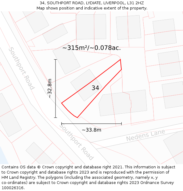 34, SOUTHPORT ROAD, LYDIATE, LIVERPOOL, L31 2HZ: Plot and title map