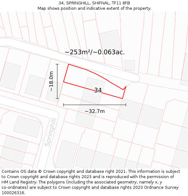 34, SPRINGHILL, SHIFNAL, TF11 8FB: Plot and title map