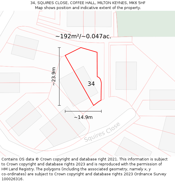 34, SQUIRES CLOSE, COFFEE HALL, MILTON KEYNES, MK6 5HF: Plot and title map