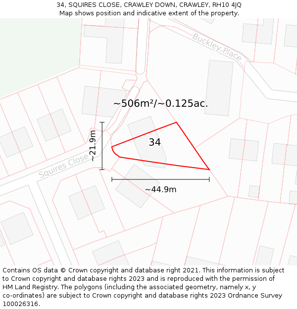 34, SQUIRES CLOSE, CRAWLEY DOWN, CRAWLEY, RH10 4JQ: Plot and title map