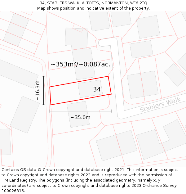 34, STABLERS WALK, ALTOFTS, NORMANTON, WF6 2TQ: Plot and title map