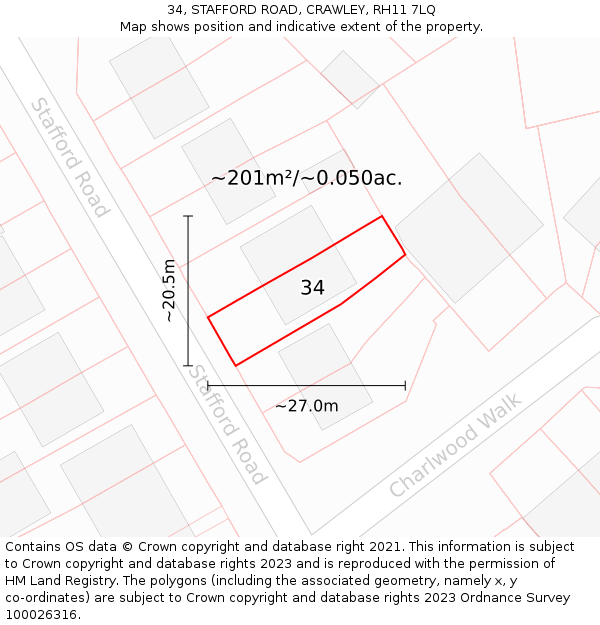 34, STAFFORD ROAD, CRAWLEY, RH11 7LQ: Plot and title map