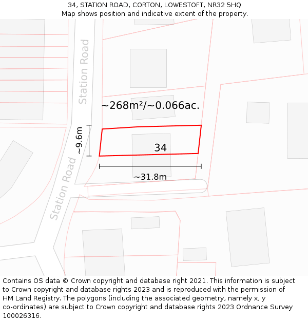 34, STATION ROAD, CORTON, LOWESTOFT, NR32 5HQ: Plot and title map