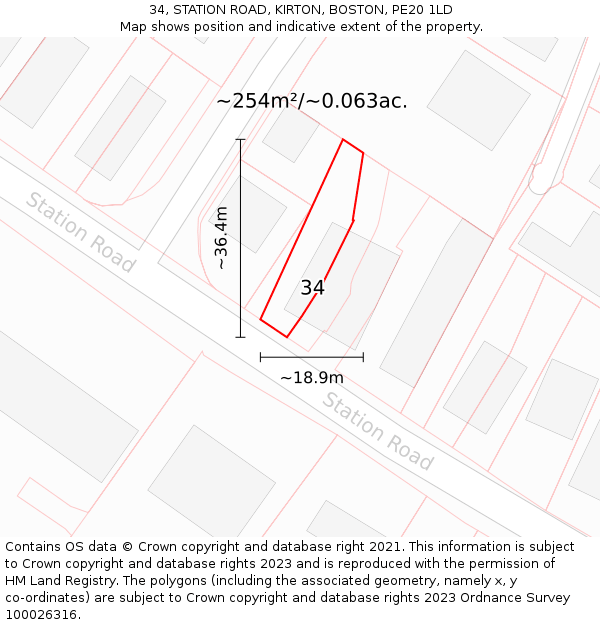 34, STATION ROAD, KIRTON, BOSTON, PE20 1LD: Plot and title map