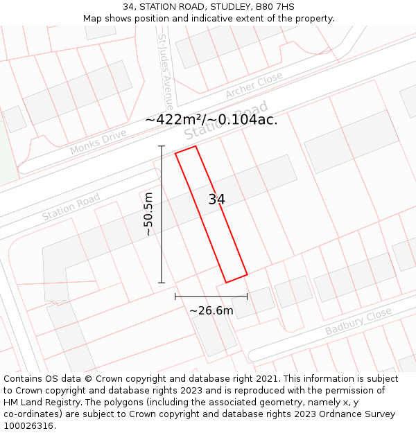 34, STATION ROAD, STUDLEY, B80 7HS: Plot and title map
