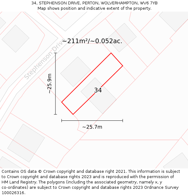 34, STEPHENSON DRIVE, PERTON, WOLVERHAMPTON, WV6 7YB: Plot and title map
