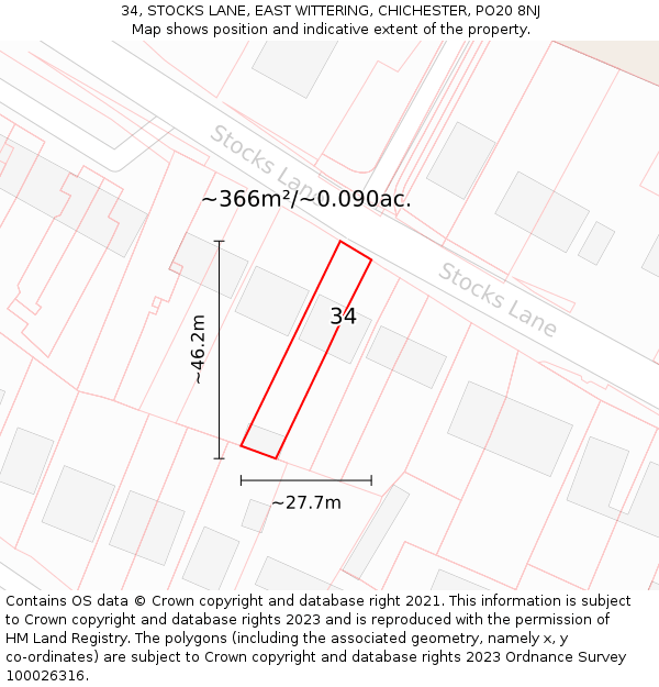 34, STOCKS LANE, EAST WITTERING, CHICHESTER, PO20 8NJ: Plot and title map