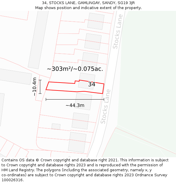 34, STOCKS LANE, GAMLINGAY, SANDY, SG19 3JR: Plot and title map