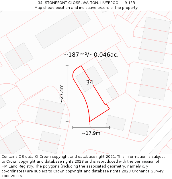 34, STONEFONT CLOSE, WALTON, LIVERPOOL, L9 1FB: Plot and title map