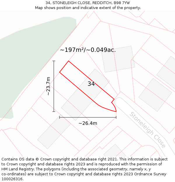 34, STONELEIGH CLOSE, REDDITCH, B98 7YW: Plot and title map