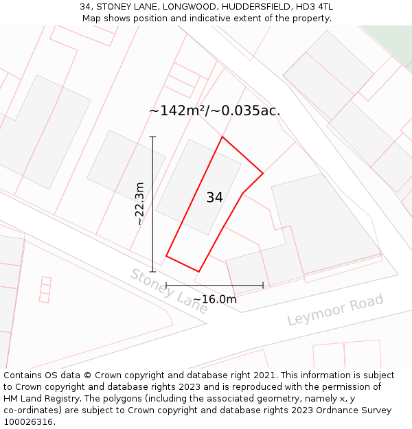 34, STONEY LANE, LONGWOOD, HUDDERSFIELD, HD3 4TL: Plot and title map