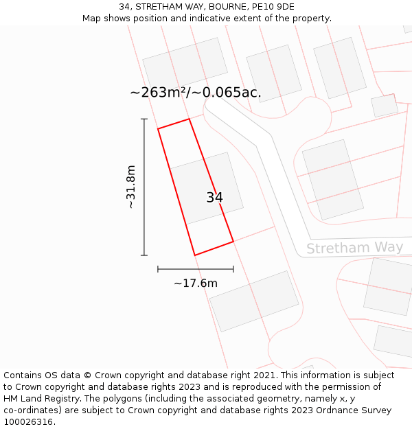 34, STRETHAM WAY, BOURNE, PE10 9DE: Plot and title map