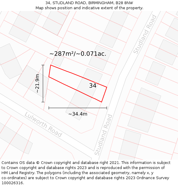 34, STUDLAND ROAD, BIRMINGHAM, B28 8NW: Plot and title map