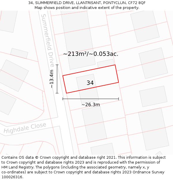 34, SUMMERFIELD DRIVE, LLANTRISANT, PONTYCLUN, CF72 8QF: Plot and title map