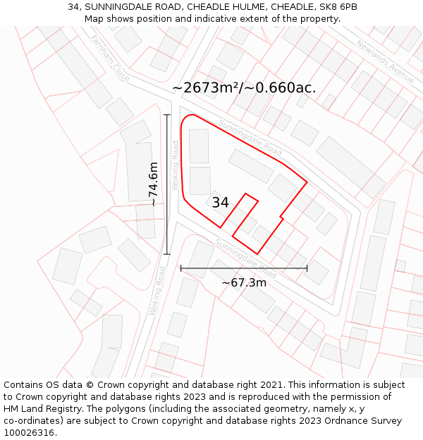 34, SUNNINGDALE ROAD, CHEADLE HULME, CHEADLE, SK8 6PB: Plot and title map